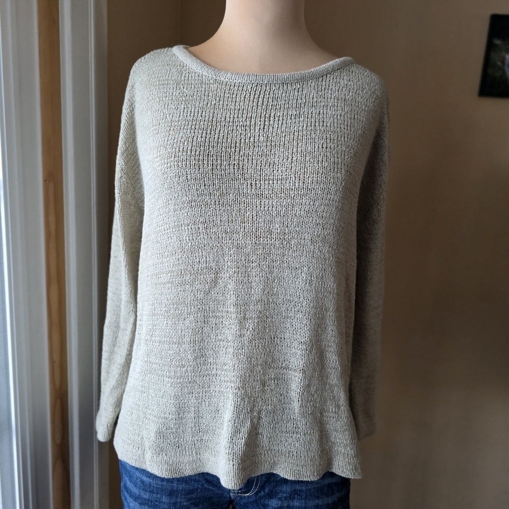 Oatmeal Open Knit Oversized Sweater Lightweight Slouchy Tunic Pullover XL Neutra